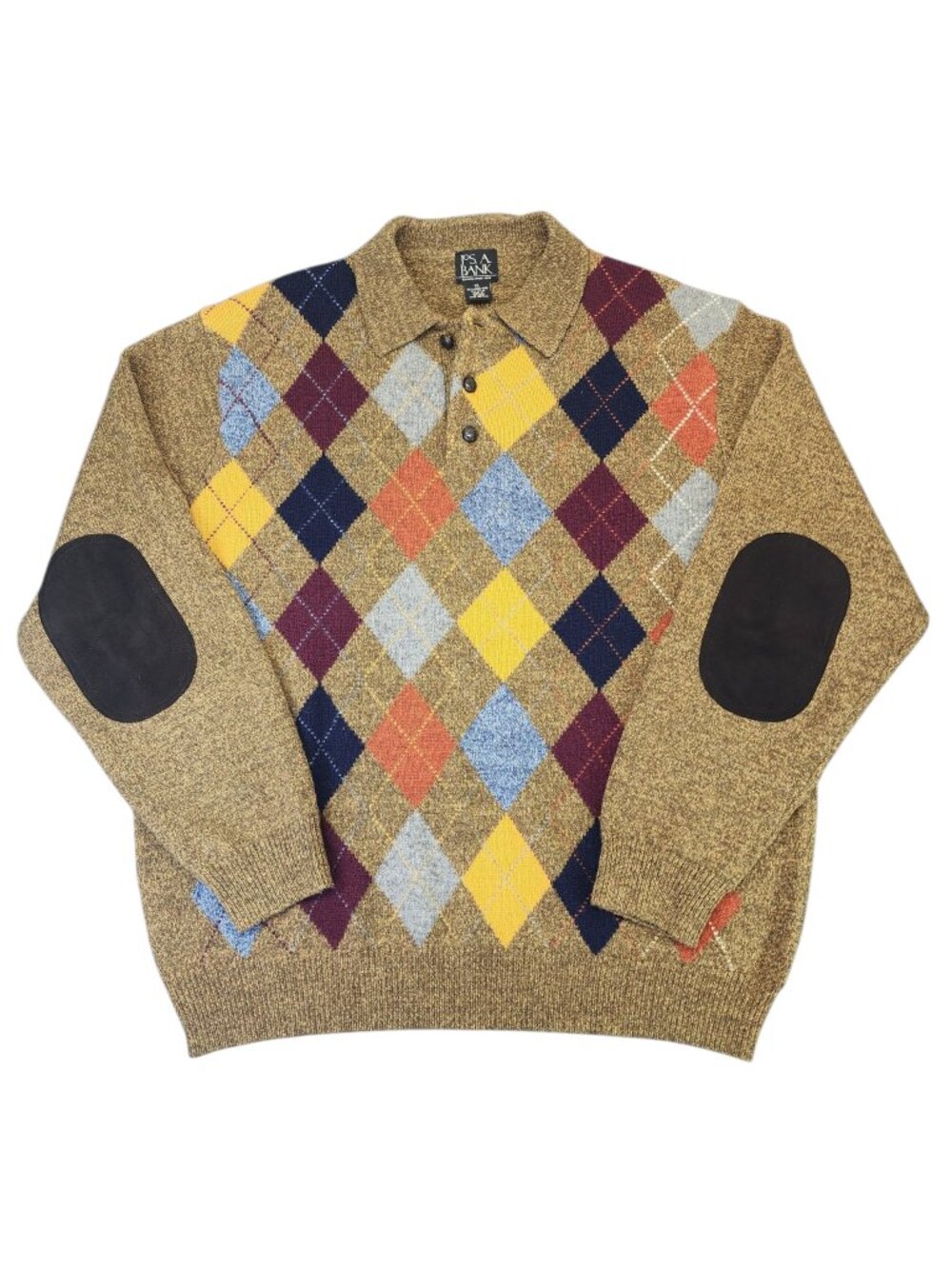 Vintage Jos. A. Bank Argyle Polo Sweater Mens XL Geometric Knit Wool Henley Patc